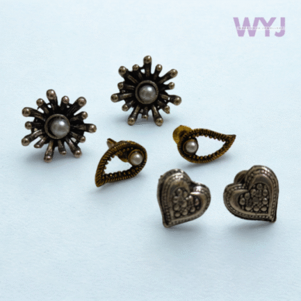 Trio Oxidised Earring Set – Heart, Eye & Burst Pearl Studs