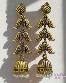Antique Gold Long Jhumka Earrings with Pink Stone & Pearl Drops | WYJ