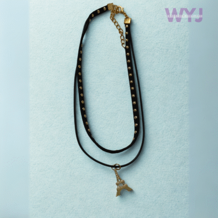 Black Studded Leather Choker with Eiffel Tower Pendant