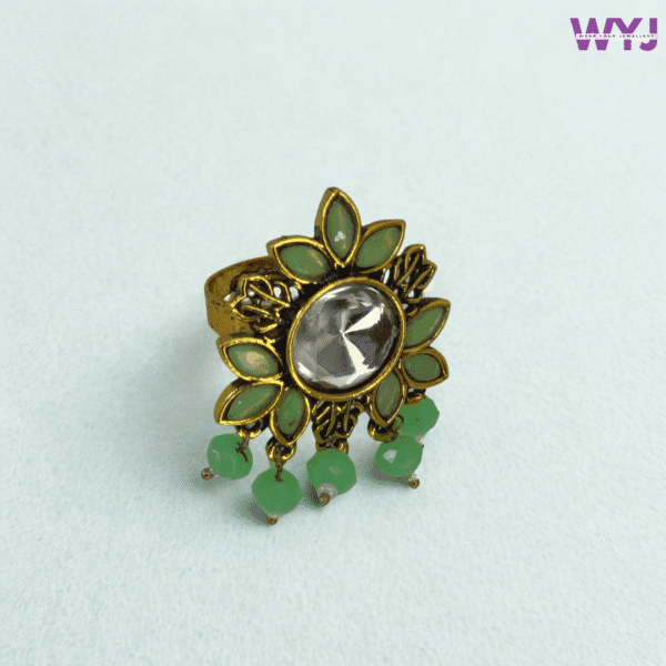 Antique Gold-Plated Green Floral Mirror Ring | Adjustable Statement Jewelry