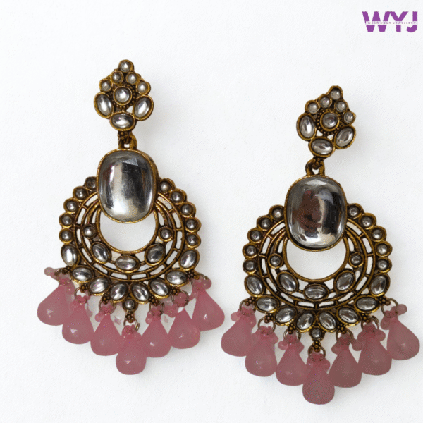Antique Kundan Chandbali Earrings with Pink Beads