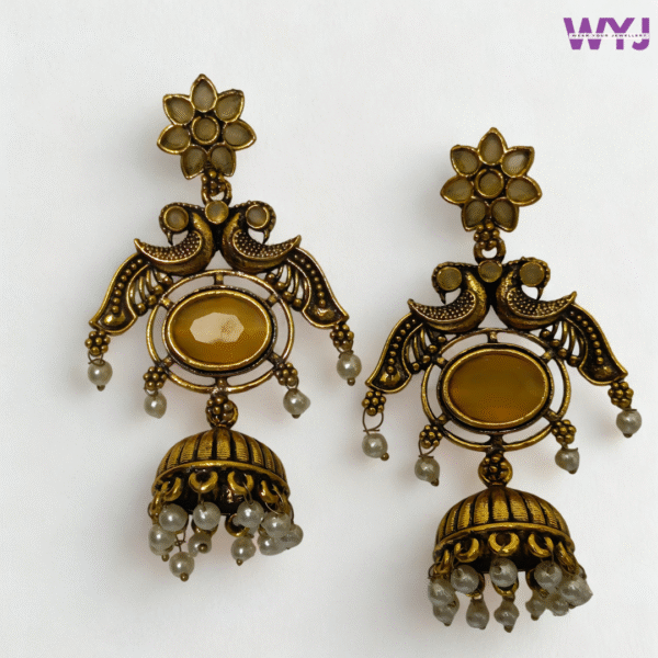 Antique Gold Mustard Yellow Peacock Jhumka Earrings with Pearls