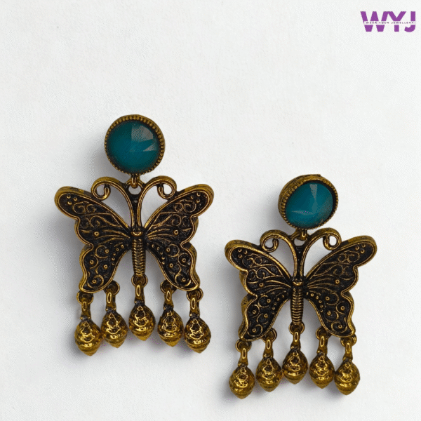Butterfly Oxidised Earrings with Teal Green Stone