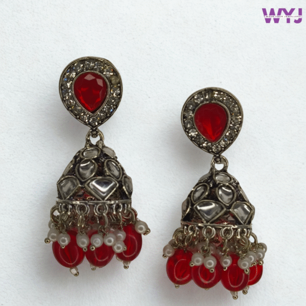 Red Kundan Dome Jhumka Earrings – Antique Silver Finish with Beads & Pearls