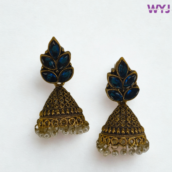 Antique Gold Jhumka Earrings with Navy Blue Stones & Pearl Beads – Traditional Indian Earrings for Festive & Wedding Wear