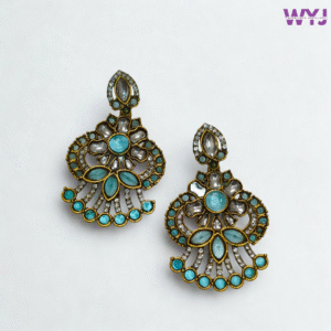 Antique Gold Finish Floral Statement Earrings with Blue Stones