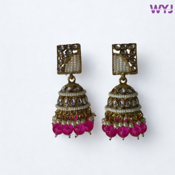 Antique Gold Kundan Jhumka Earrings with Pearls & Pink Beads