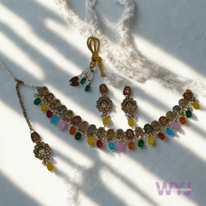 Kundan Necklace Set Traditional Multicolor with Maang Tikka