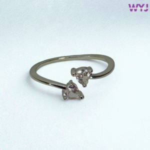 Heart Twin Diamond Open Ring – Adjustable Sterling Silver Love Design