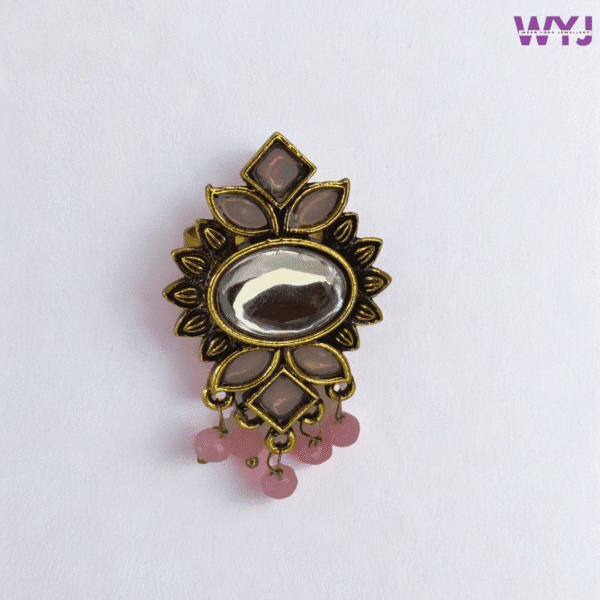 Antique Gold-Plated Pink Stone Mirror Ring | Adjustable Ethnic Statement Jewelry