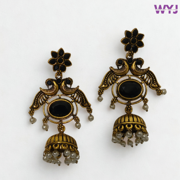 Antique Gold Black Stone Peacock Jhumka Earrings with Pearl Drops