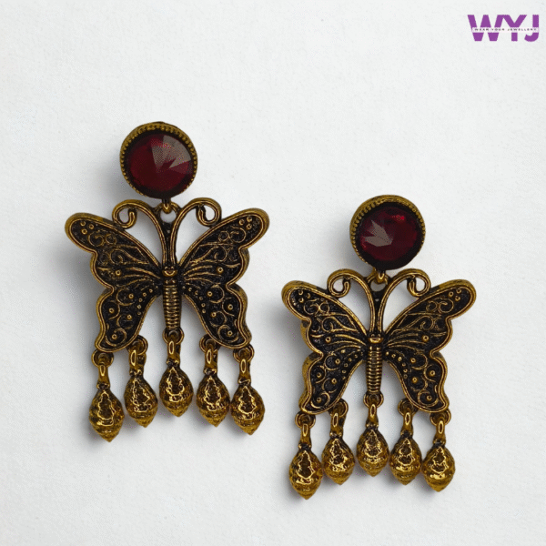 Butterfly Oxidised Earrings with Maroon Stone Stud