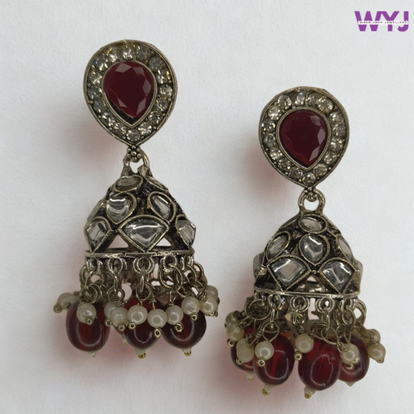 Maroon Kundan Dome Jhumka Earrings – Antique Finish with Pearl & Beaded Detailing