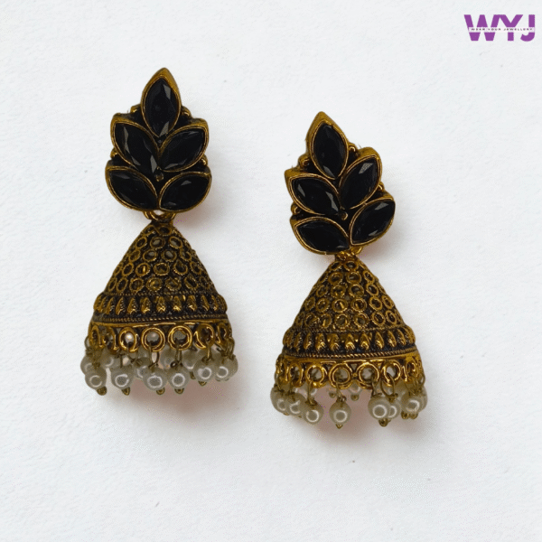 Antique Gold Jhumka Earrings with Black Stones & Pearl Beads – Elegant Ethnic Earrings for Parties & Traditional Wear