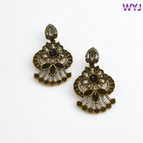 Antique Gold Floral Dangler Earrings with Black Stones