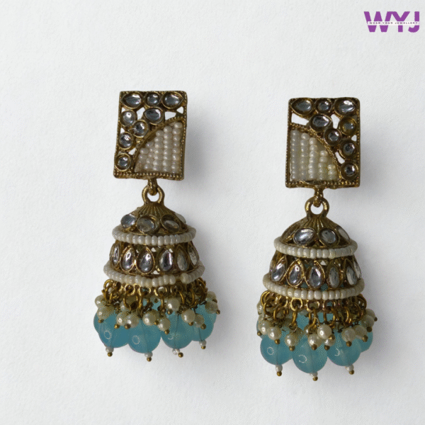 Antique Gold Kundan Jhumka Earrings with Pearl & Sky Blue Beads