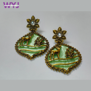 Vintage Green Deer Motif Earrings Antique Gold Finish