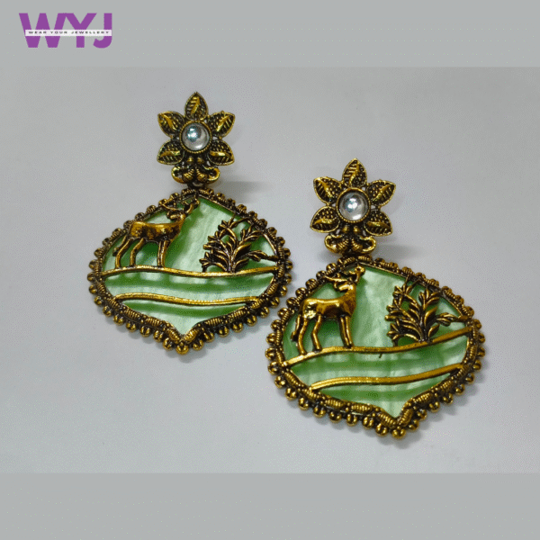 Vintage Green Deer Motif Earrings Antique Gold Finish