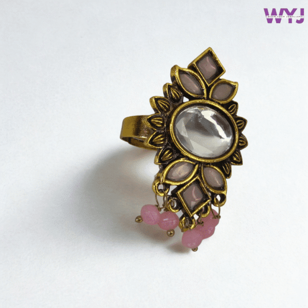 Antique Gold-Plated Pink Stone Mirror Ring | Adjustable Ethnic Statement Jewelry