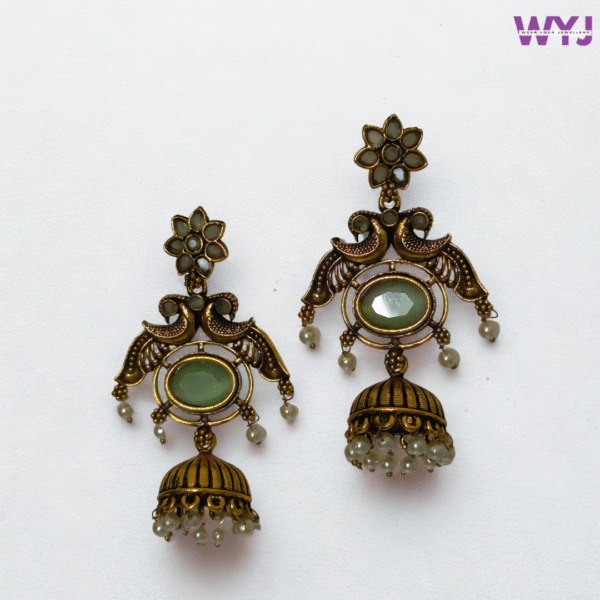 Antique Gold Light Green Stone Peacock Jhumka Earrings with Pearl Beads