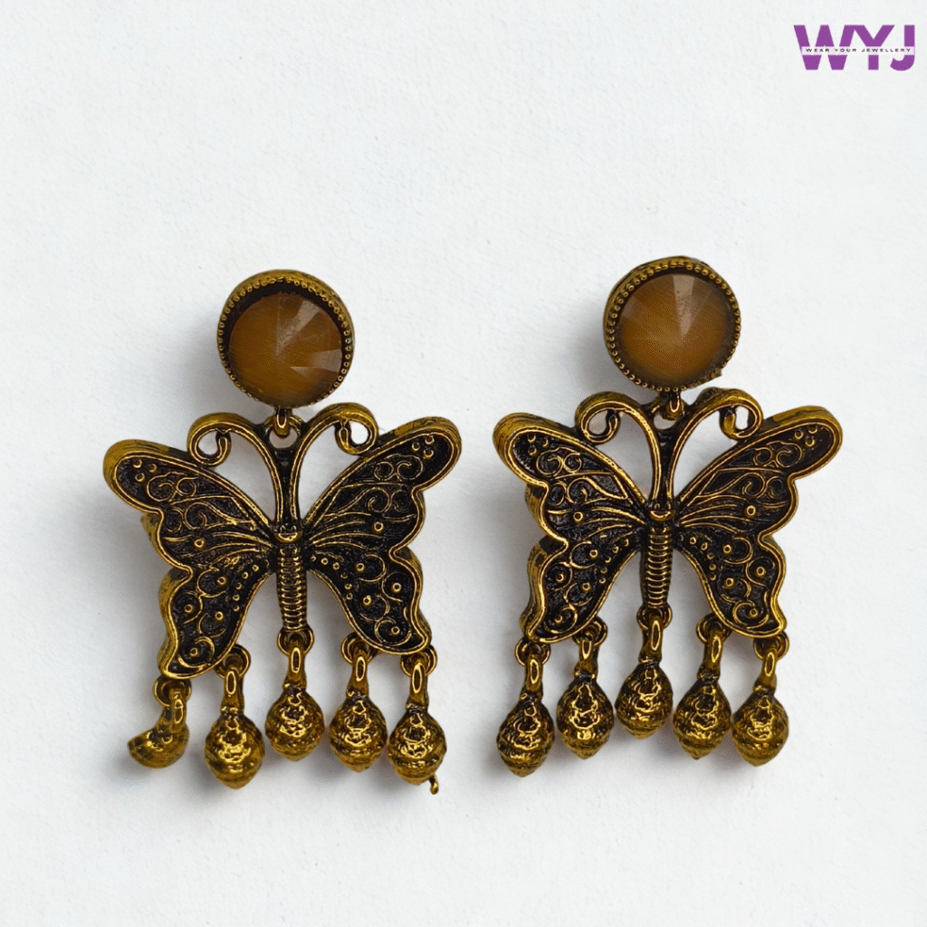 Butterfly Oxidised Earrings with Mustard Yellow Stone