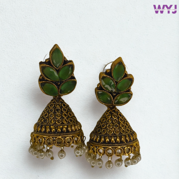 Antique Gold Jhumka Earrings with Olive Green Stones & Pearl Drops – Traditional Ethnic Earrings