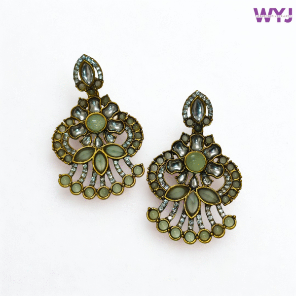 Antique Gold Floral Statement Earrings with Pastel Green Stones