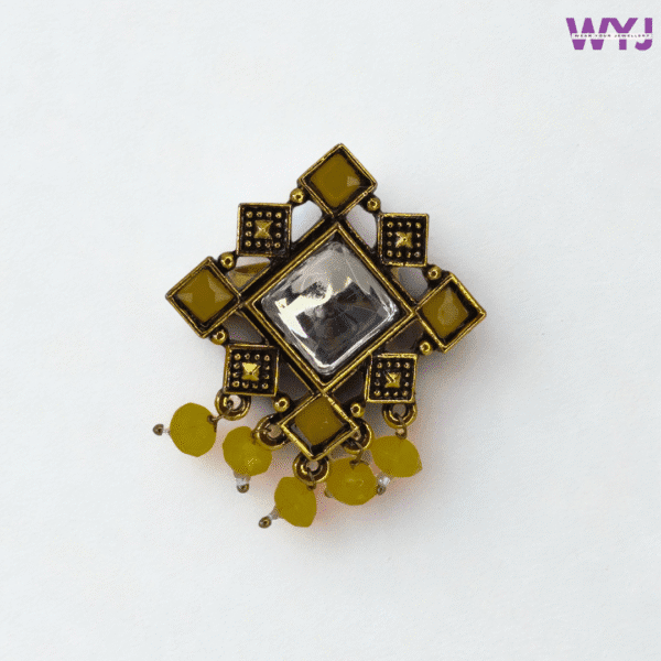 Antique Gold-Plated Geometric Mirror Ring with Yellow Beads | Adjustable Statement Ring