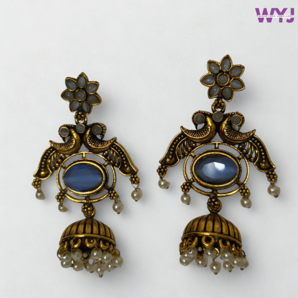Antique Gold Royal Blue Stone Peacock Jhumka Earrings with Pearl Danglers