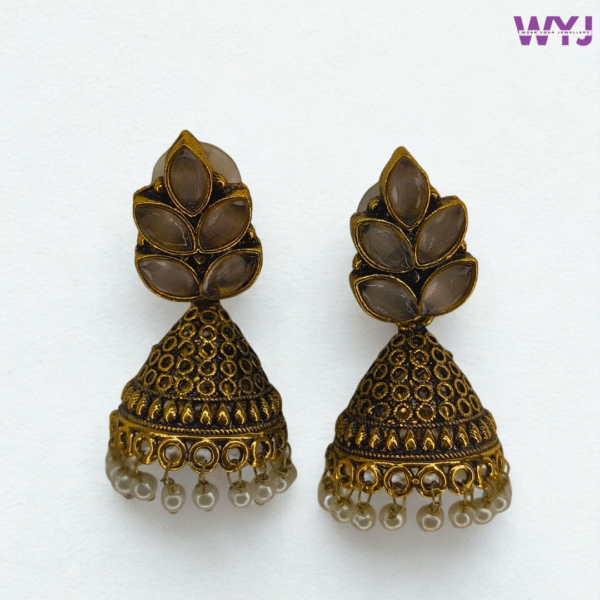 Antique Gold Jhumka Earrings with Smokey Beige Stones & Pearl Drops – Traditional Ethnic Earrings for Women