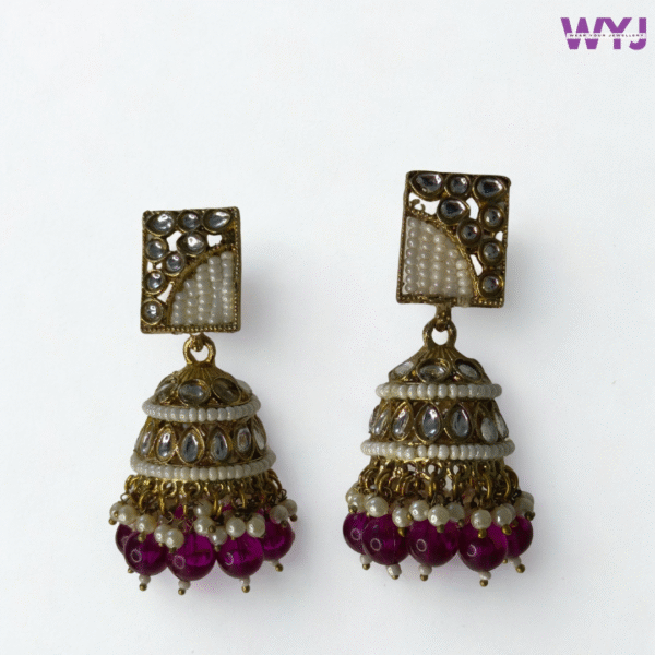 Kundan & Pearl Jhumka Earrings with Deep Red Bead Drops