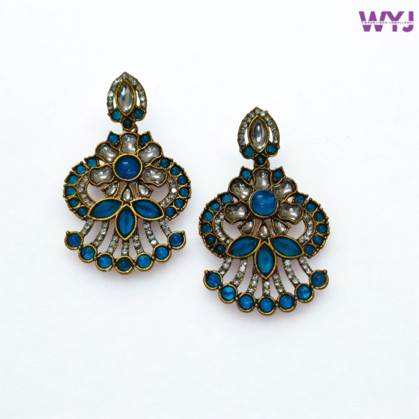 Antique Gold Floral Statement Earrings with Royal Blue Stones