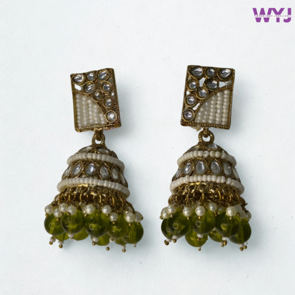 Kundan & Pearl Jhumka Earrings with Olive Green Bead Drops