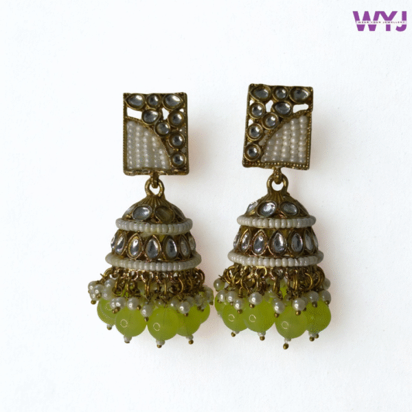 Kundan & Pearl Jhumka Earrings with Lemon Green Bead Drops