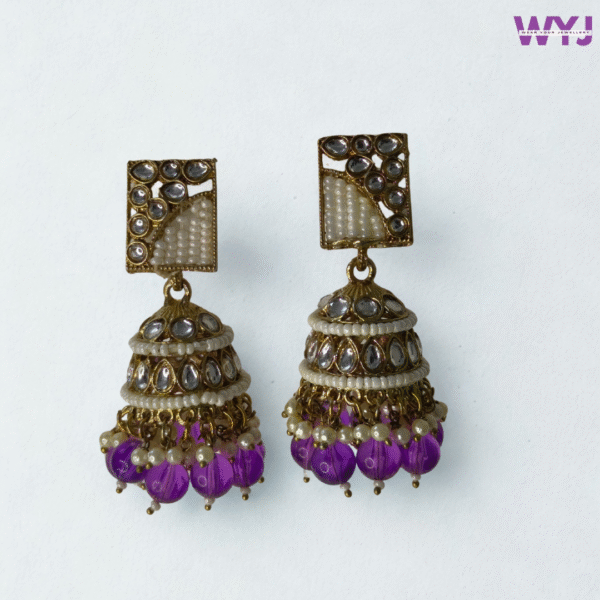 Kundan & Pearl Jhumka Earrings with Purple Bead Accents