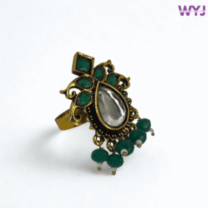 Antique Gold-Plated Teardrop Mirror Ring with Green Stones & Beads | Adjustable Statement Ring