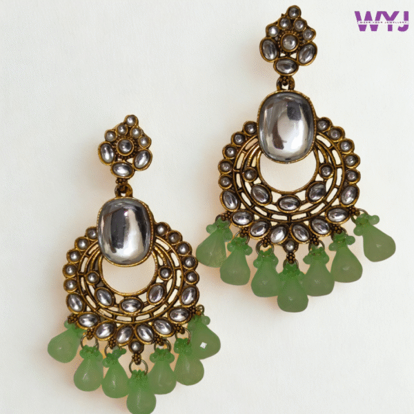 Antique Kundan Chandbali Earrings with Light Green Beads