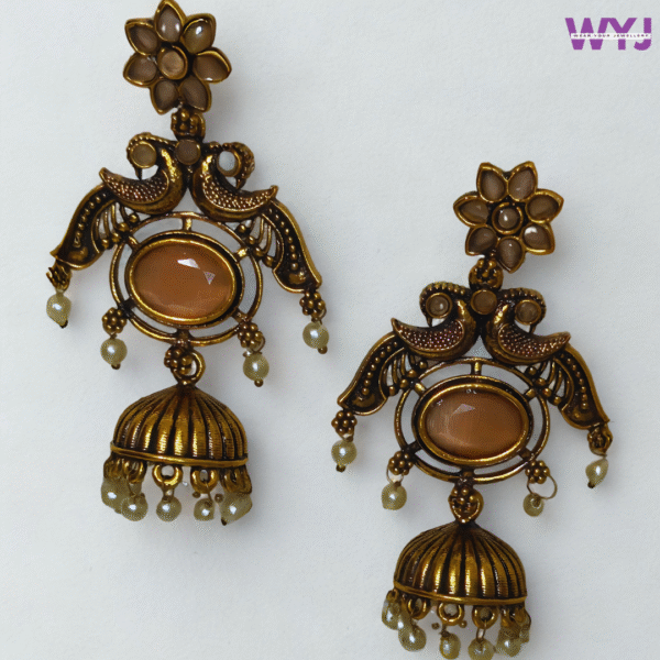 Antique Gold Deep Red Stone Peacock Jhumka Earrings with Pearls