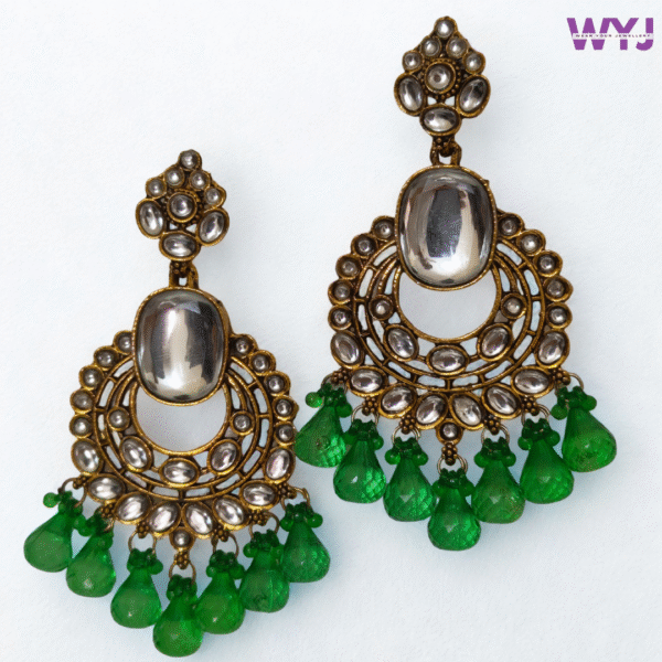 Antique Kundan Chandbali Earrings with Emerald Beads