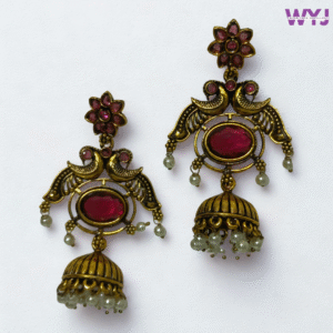 Antique Gold Red Stone Peacock Jhumka Earrings with Kundan & Pearls