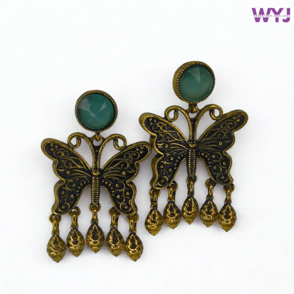 Antique Butterfly Oxidised Earrings with Green Stud