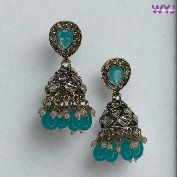 Antique Oxidised Turquoise Blue Jhumka Earrings with Mirror Work & Pearl Drops