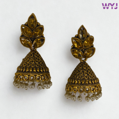 Antique Gold Jhumka Earrings with Colored Stones