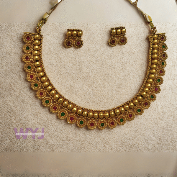 Necklace Set with Red & Green Stones Antique Gold-Finish