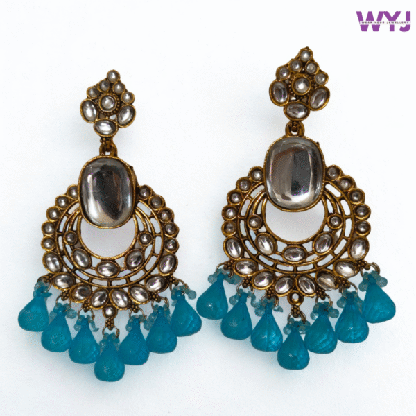 Antique Kundan Chandbali Earrings with Blue Beads