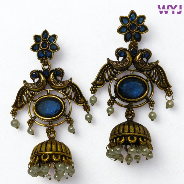 Antique Gold Blue Stone Peacock Jhumka Earrings with Kundan & Pearls