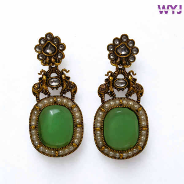 Jade Antique Green Kundan & Pearl Earrings – Elephant Motif Statement Jewelry