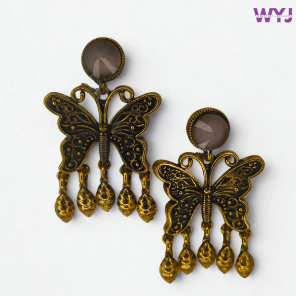 Antique Butterfly Oxidised Earrings with Smoky Brown