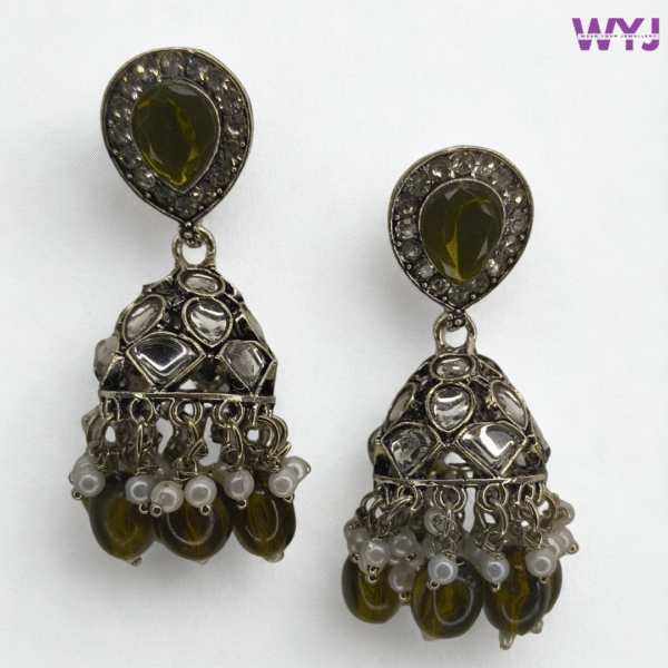 Olive Green Kundan Dome Jhumka Earrings – Antique Oxidised Finish with Bead & Pearl Drops
