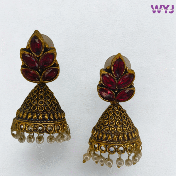 Antique Jhumka Earrings with Red Stone & Pearl Drops – Ethnic Traditional Jewellery